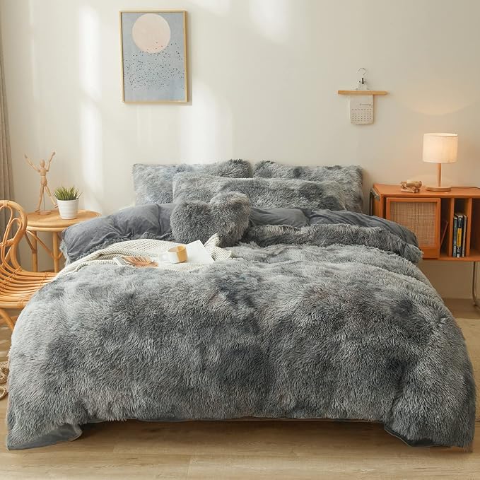 Tie dye Dark Gray Plush Fluffy Comforter Cover Set Queen - Ultra Soft Faux Fur tie dye Bedding Sets 3 Pieces (1 Shaggy Duvet Cover + 2 Pillow case) Fluffy Bed Set (Tie Dye Dark Gray, Queen) - LeafyLoom