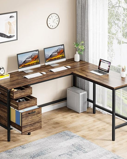 Tribesigns L Shaped Desk with File Drawer Cabinet, 59 Inch Corner Desk L Shaped Computer Desk with Drawers, PC Table Writing Desk for Home Office, Rustic Brown - LeafyLoom