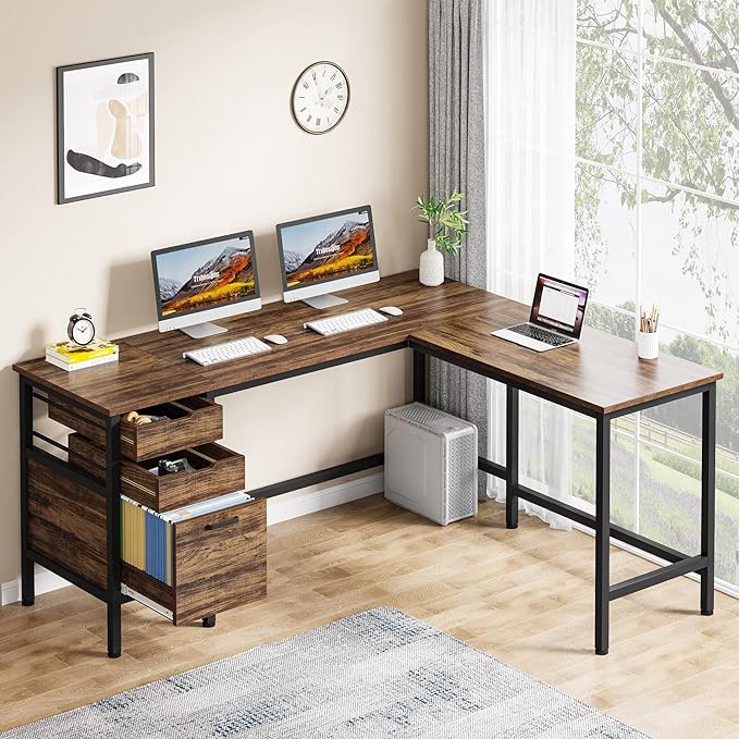 Tribesigns L Shaped Desk with File Drawer Cabinet, 59 Inch Corner Desk L Shaped Computer Desk with Drawers, PC Table Writing Desk for Home Office, Rustic Brown - LeafyLoom