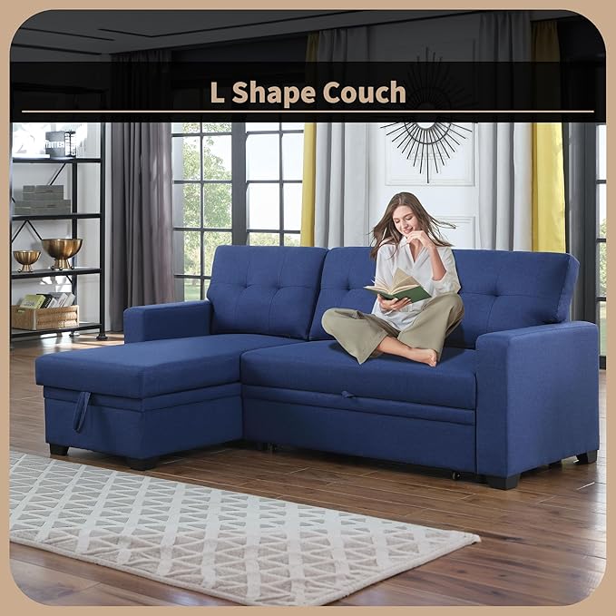 4-in-1 L Shaped Pull Out Convertible Modular Sectional Sofa Bed for Living Room Furniture Sets, Comfy Couch with Reversible Storage Chaise Upholstered for Apartment, Studio, Office - Blue - LeafyLoom