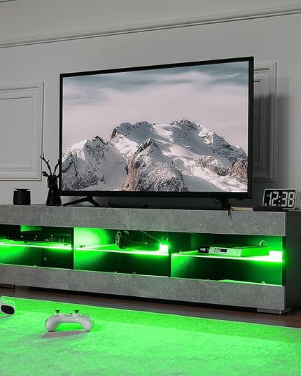HOMMPA LED TV Stand for 65 inch TV Grey Black TV Stand with Led Lights Modern TV Entertainment Center with Glass Shelves TV Media Console for Living Room - LeafyLoom
