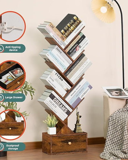 8 Tier Tree Bookshelf with Drawer, Free Standing Wood Bookcase for Narrow Space, Storage Organizer Bookshelves for Books, Book Case for Home Office, Living Room, Bedroom, Rustic Brown - LeafyLoom