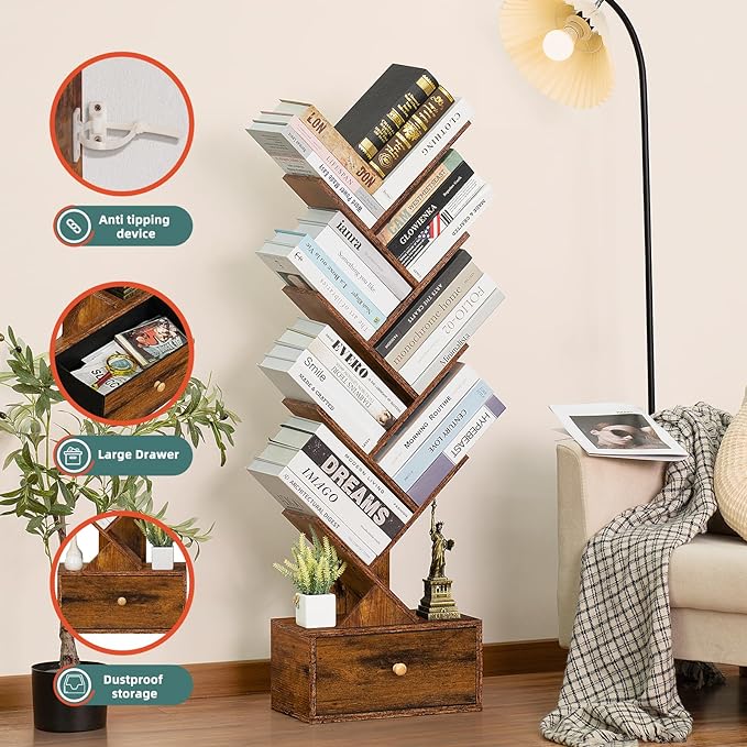 8 Tier Tree Bookshelf with Drawer, Free Standing Wood Bookcase for Narrow Space, Storage Organizer Bookshelves for Books, Book Case for Home Office, Living Room, Bedroom, Rustic Brown - LeafyLoom