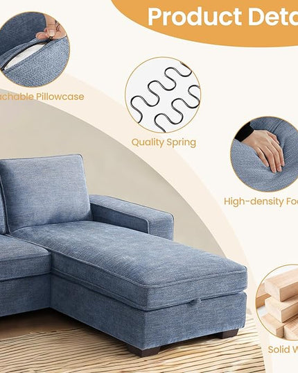 COHOME 100" L-Shaped Couch with Storage, Chenille Upholstered Deep Seat Couch for Living Room, Sofa with Reversible Chaise, Removable Covers, 3-Seater Apartment Sofa with Charge Ports,Light Blue - LeafyLoom