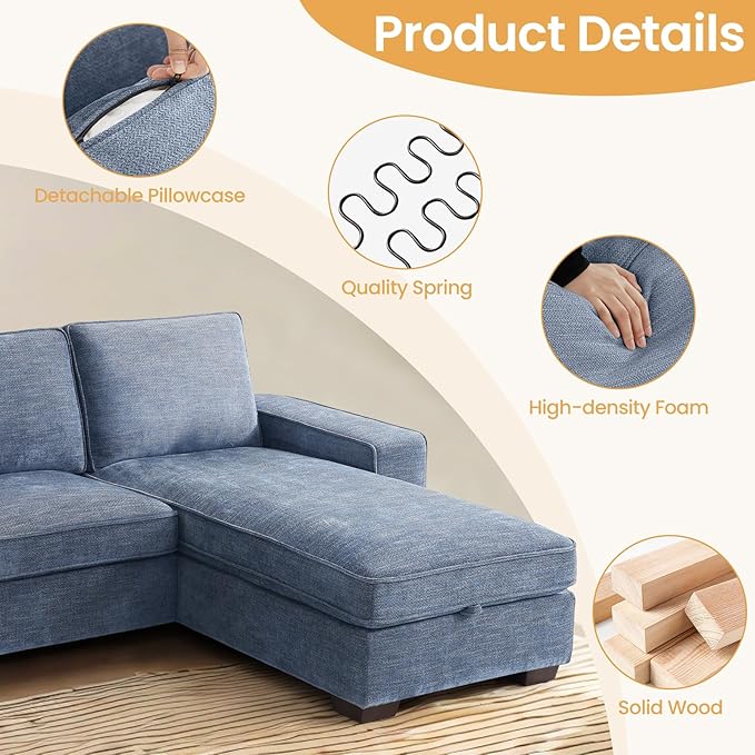 COHOME 100" L-Shaped Couch with Storage, Chenille Upholstered Deep Seat Couch for Living Room, Sofa with Reversible Chaise, Removable Covers, 3-Seater Apartment Sofa with Charge Ports,Light Blue - LeafyLoom