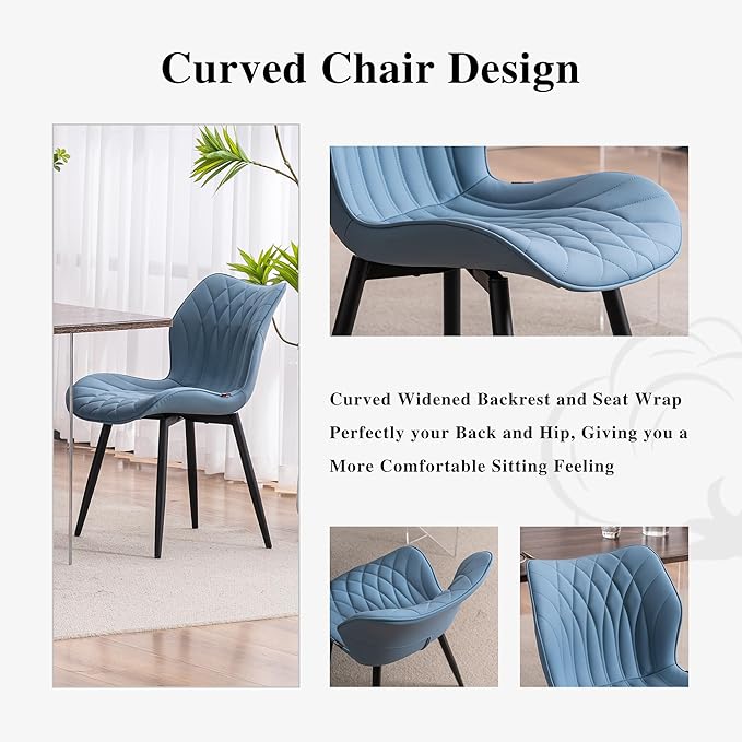 YOUNIKE Dining Chairs Set of 2 Upholstered Faux Leather Dining Room Chairs, Modern Kitchen Chairs Living Room Bedroom Side Chairs with Wide Curved Back and Adjustable Metal Legs, Blue - LeafyLoom