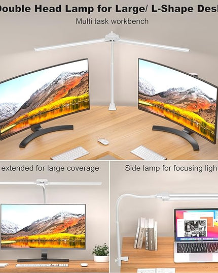 KableRika Desk lamp,Double Head LED Desk Lamp with Clamp,Architect Desk Lights for Home Office,Eye-Caring Desktop Office Lamp 4-Brightness 4-Color Table Lamp for Monitor Workbench Reading White - LeafyLoom