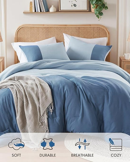 Blue Full/Queen Comforter Set - Modern Soft Farmhouse Comforter Sets for Men, Masculine Colorblock Pattern Bedding Set for All Season, 3 Pieces includes 1 Comforter, 2 Shams (90"x 90") - LeafyLoom