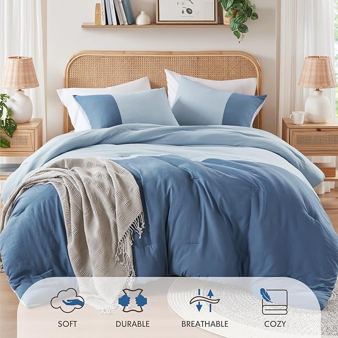 Blue Twin Comforter Set - Modern Soft Farmhouse Bedding for Teen Boys, Kids Colorblock Pattern Bed Sets for All Season, 2 Pieces includes 1 Comforter, 1 Sham (66"x 90") - LeafyLoom