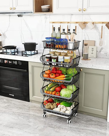 Wisdom Star 5 Tier, Kitchen Fruit Vegetable Storage Cart, Vegetable Basket Bins for Onions and Potatoes, Wire Storage Organizer Utility Cart with Wheels, Black - LeafyLoom