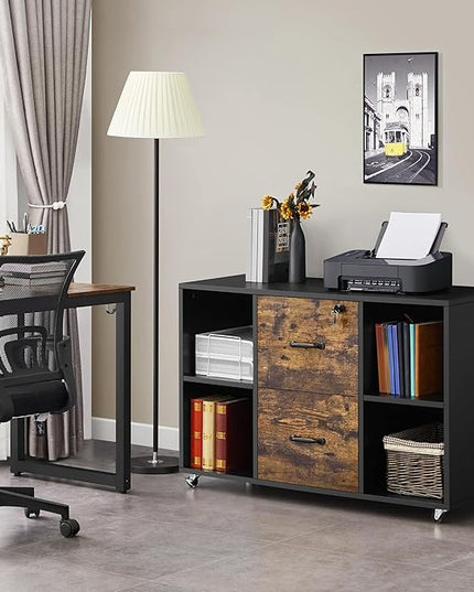 Yaheetech Filing Cabinet Lateral File Cabinet with 2 Drawer and 4 Open Compartments for Letter Size A4 Size, Printer Stand for Home Office, Black/Rustic Brown - LeafyLoom