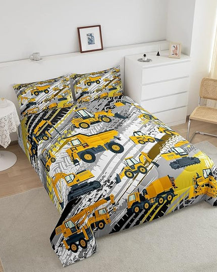 Boys Construction Comforter Set Truck Bedroom Decor for Kids Girls Under Construction Vehicles Down Comforter Toddler Child Cartoon Machinery Truck Excavator Bedding Tractor Cars Duvet Quilt,Queen - LeafyLoom