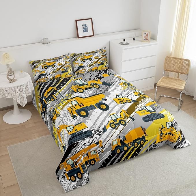 Boys Construction Comforter Set Truck Bedroom Decor for Kids Girls Under Construction Vehicles Down Comforter Nursery Children Cartoon Machinery Truck Excavator Bedding Tractor Cars Duvet Quilt,Twin - LeafyLoom