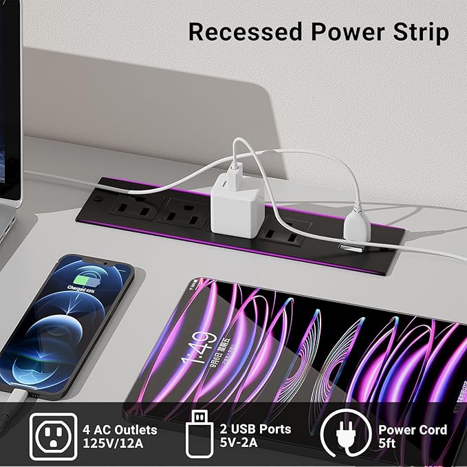 Reversible L Shaped Computer Desk Power Outlets and USB Ports, Large Corner Desk, Sturdy Home Office Gaming Table with Storage Shelf, Unique Grid Design Writing Desk, Easy to Assemble, White - LeafyLoom