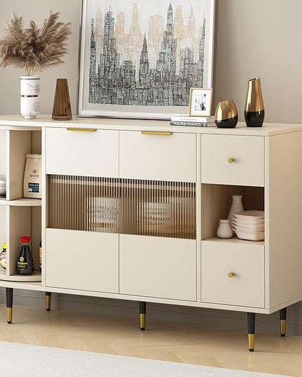 51.1" Rotating Storage Cabinet Sideboard with 2 of Tempered Changhong Glass and 2 Drawers,Wooden Console Table,w/Built-in Shelves & Turntable,for Living Room,Beige - LeafyLoom