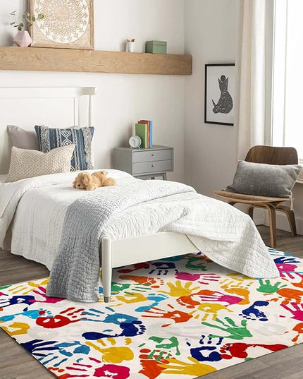 Handprints and Footprints Large Kids Rug 5'x7', Washable Colorful Area Rug for Nursery Room, Non-Slip Play Mat Ultra Soft Indoor Carpet for Bedroom Playroom Classroom - LeafyLoom