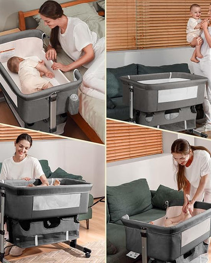 Bedside Crib,3 in 1 Baby Crib Adjustable Portable Bed for Infant,Baby Bassinet with Mosquito net Baby Newborn Must Have Bed,Grey - LeafyLoom