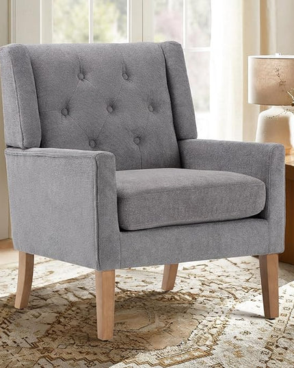 COLAMY Mid-Century Accent Chairs, Modern Wingback Living Room Chair, Upholstered Armchair with Button Tufted Back and Wood Legs for Bedroom/Office/Reading Spaces, Grey - LeafyLoom