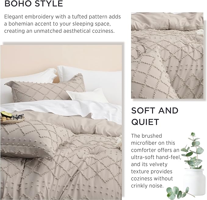 Bedsure King Size Comforter Set - Linen Comforter, Boho Tufted Shabby Chic Bedding Comforter Set, 3 Pieces Vintage Farmhouse Bed Set for All Seasons, Fluffy Soft Bedding Set with 2 Pillow Shams - LeafyLoom