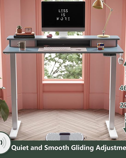 FEZIBO 55 x 24 Inch Height Adjustable Electric Standing Desk with Double Drawer, Stand Up Desk with Storage Shelf, Sit Stand Desk, Blue - LeafyLoom