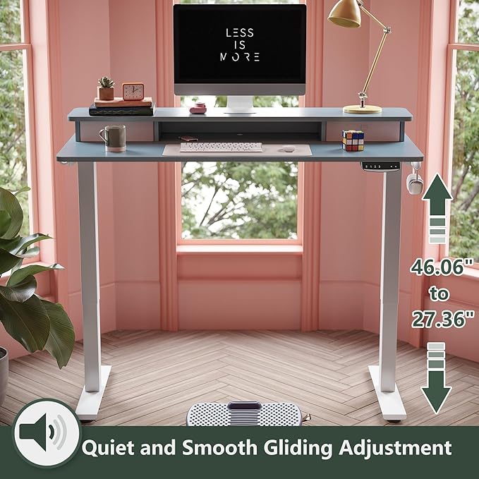 FEZIBO 55 x 24 Inch Height Adjustable Electric Standing Desk with Double Drawer, Stand Up Desk with Storage Shelf, Sit Stand Desk, Blue - LeafyLoom