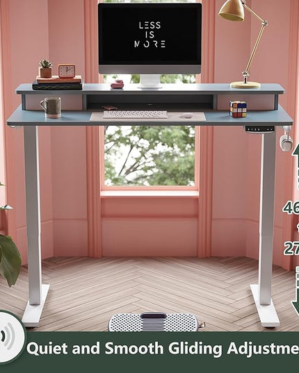 FEZIBO 60 x 24 Inch Height Adjustable Electric Standing Desk with Double Drawer, Stand Up Desk with Storage Shelf, Sit Stand Desk, Blue - LeafyLoom