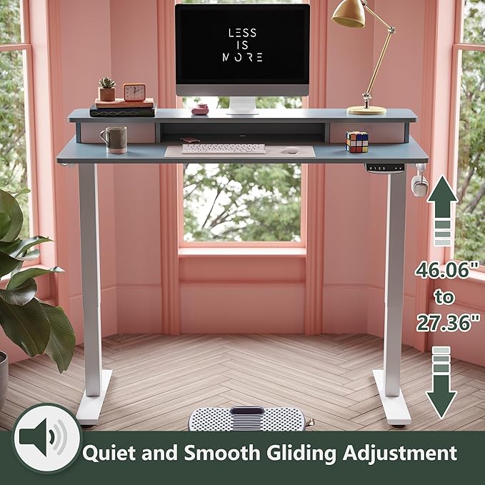 FEZIBO 60 x 24 Inch Height Adjustable Electric Standing Desk with Double Drawer, Stand Up Desk with Storage Shelf, Sit Stand Desk, Blue - LeafyLoom