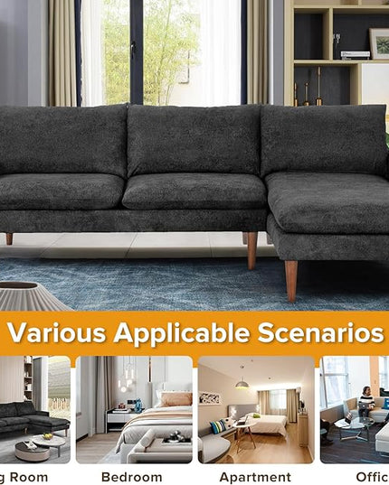 Sectional 86" Velvet Upholstered L-Shaped Sofa with Padded Cashmere,Multi-Functional 3 Seat Convertible Sleeper Couch w/Tapered Wood Legs and Adjustable Backrest,for Living Room,Black - LeafyLoom