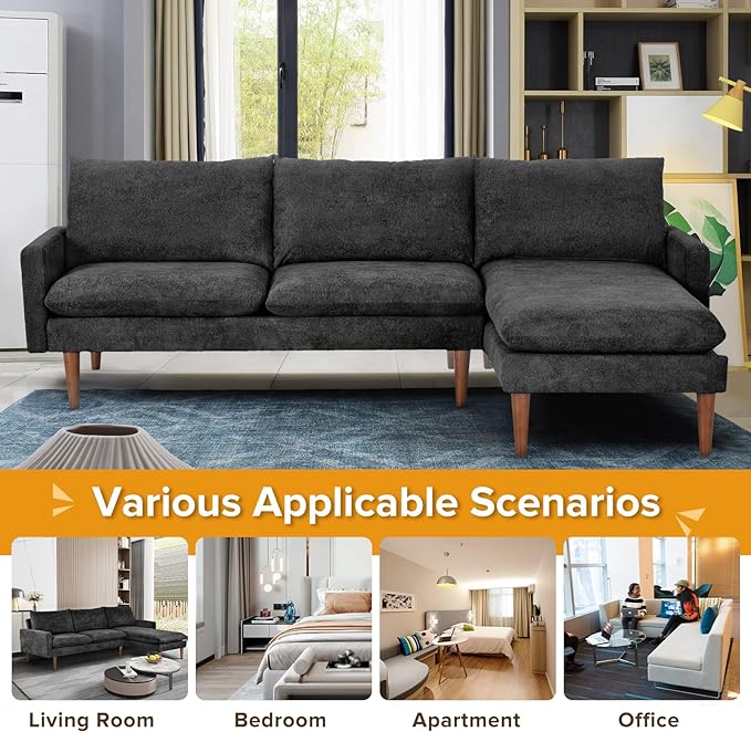 Sectional 86" Velvet Upholstered L-Shaped Sofa with Padded Cashmere,Multi-Functional 3 Seat Convertible Sleeper Couch w/Tapered Wood Legs and Adjustable Backrest,for Living Room,Black - LeafyLoom