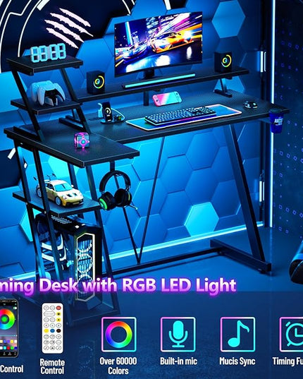 L Shaped Gaming Desk with LED Lights & Power Outlet, 47 Inch Computer Desk with Extra Storage Shelves, Reversible Gamer Workstations with Monitor Stand for Bedroom, Carbon Fiber Black - LeafyLoom