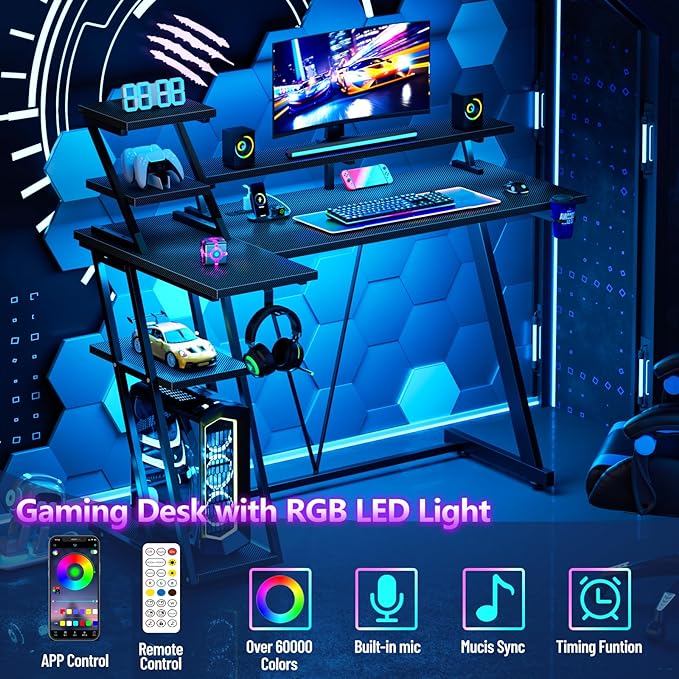 L Shaped Gaming Desk with LED Lights & Power Outlet, 47 Inch Computer Desk with Extra Storage Shelves, Reversible Gamer Workstations with Monitor Stand for Bedroom, Carbon Fiber Black - LeafyLoom