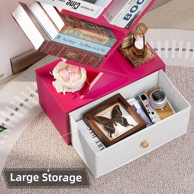 8 Tier Tree Bookshelf with Drawer, Free Standing Wood Bookcase for Narrow Space, Storage Organizer Bookshelves for Books, Book Case for Home Office, Living Room, Bedroom - Pink - LeafyLoom
