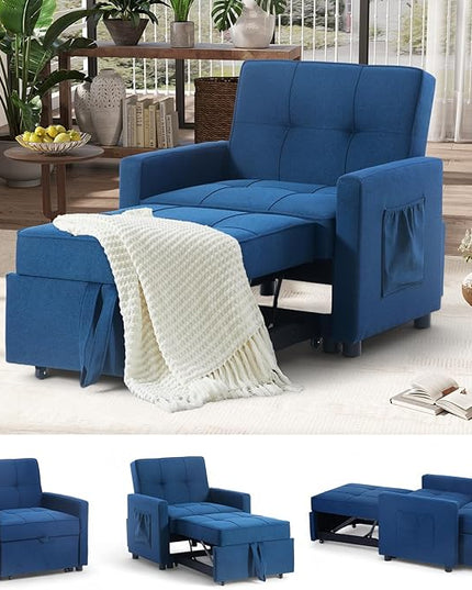 4-in-1 Convertible Sleeper Sofa, Single Pull Out Couch Chair with 6-Level Adjust Backrest Loveseat with Storage and Pillows, Modern Recliner for Living Room Apartment Office, Blue - LeafyLoom