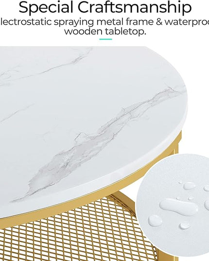 LINSY Home Round Coffee Table Set of 3 for Living Room, Modern Coffee Table with Open Storage, Wood Surface Top & Sturdy Metal Legs Large Circle Coffee Table, White and Gold - LeafyLoom