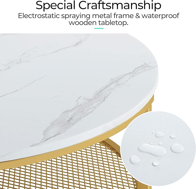LINSY Home Round Coffee Table Set of 3 for Living Room, Modern Coffee Table with Open Storage, Wood Surface Top & Sturdy Metal Legs Large Circle Coffee Table, White and Gold - LeafyLoom