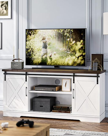 IDEALHOUSE Farmhouse TV Stand for 65 Inch TV, Entertainment Center with Storage and Sliding Barn Doors, Modern Media TV Console TV Stands for Living Room Bedroom (White) - LeafyLoom
