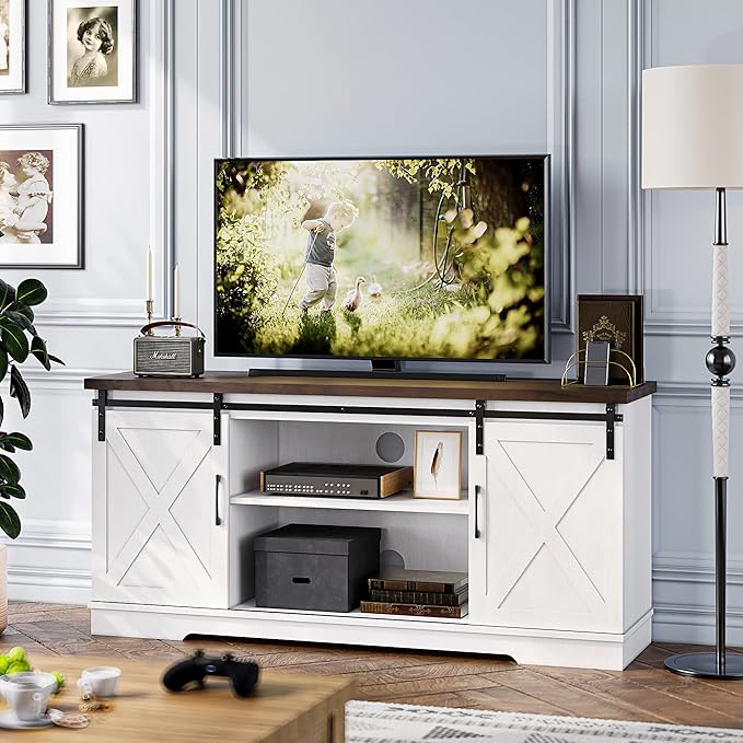 IDEALHOUSE Farmhouse TV Stand for 65 Inch TV, Entertainment Center with Storage and Sliding Barn Doors, Modern Media TV Console TV Stands for Living Room Bedroom (White) - LeafyLoom