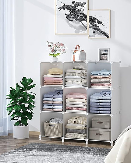 FUNLAX Cube Storage Shelf, 9 Storage Cubes Closet Organizers and Storage Portable Cube Storage Organizer Plastic Bookshelf Bookcase for Study Room, Bedroom, Office, White - LeafyLoom