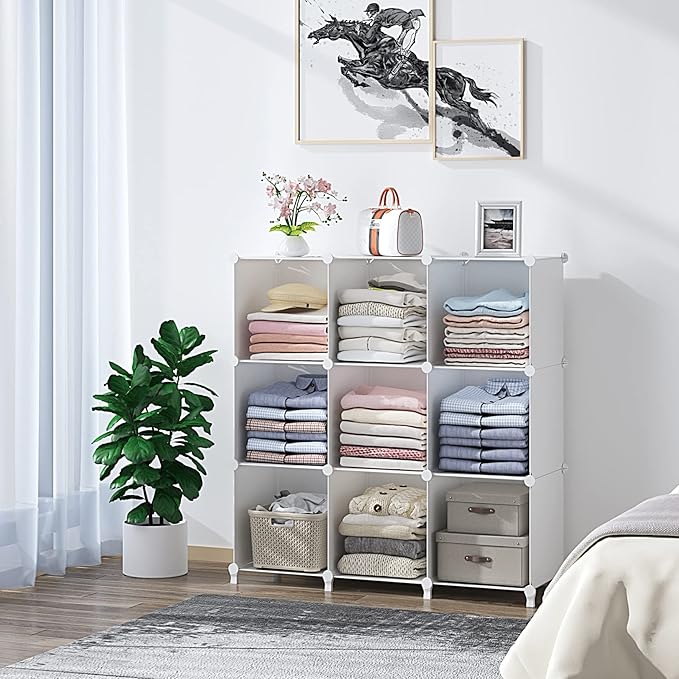 FUNLAX Cube Storage Shelf, 9 Storage Cubes Closet Organizers and Storage Portable Cube Storage Organizer Plastic Bookshelf Bookcase for Study Room, Bedroom, Office, White - LeafyLoom