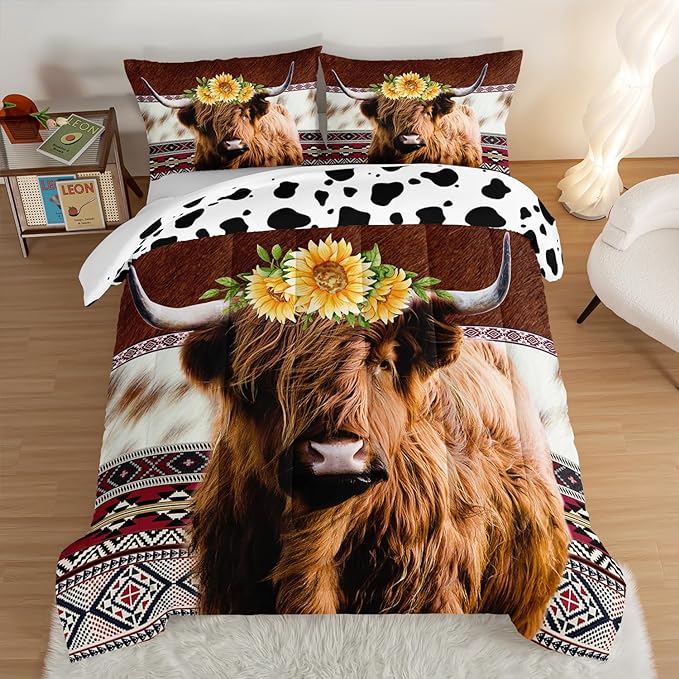 HOSIMA Highland Cow Decor Comforter with 2 Pillowcases,Animal Theme Western Bedding Sets,Brown Cowhide Black White Cow Print Comforter Set,Sunflower Twin Bed in a Bag Sets for Adults Kids. - LeafyLoom