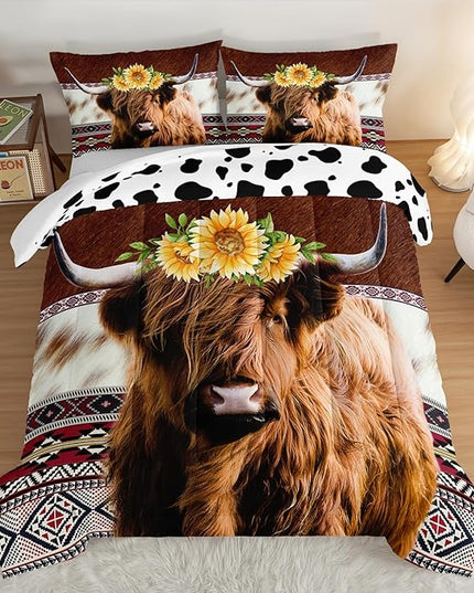 HOSIMA Highland Cow Decor Comforter with 2 Pillowcases,Animal Theme Western Bedding Sets Queen,Brown Cowhide Black White Cow Print Comforter Set for Adults Kids,Sunflower Comforter. - LeafyLoom