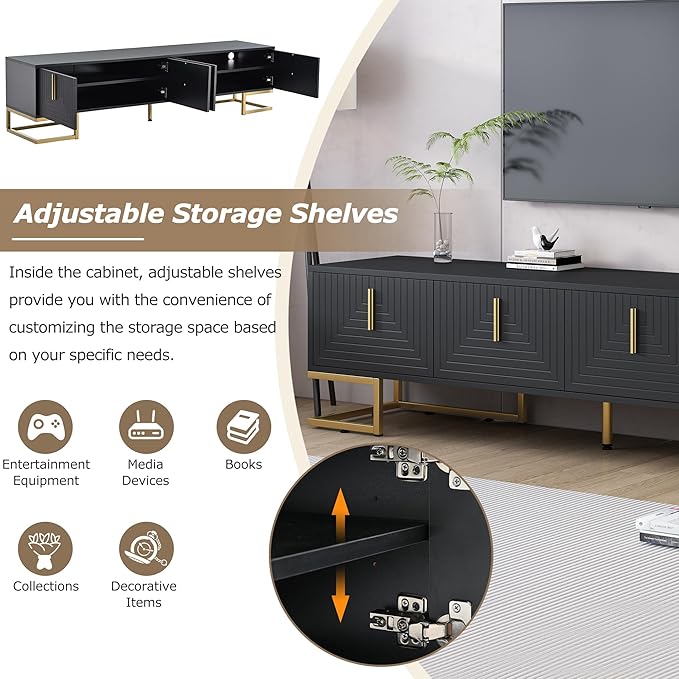 Merax Modern Stand with Metal Legs, Gold Handles, Geometric Lines and Adjustable Shelves for TVs Up to 80'' Media Console Table, Luxury Storage Cabinets for Living Room, 70.8" length, Black - LeafyLoom