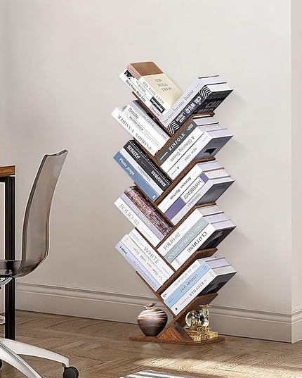 10 Tier Tree Book Shelf, Floor Standing Wood Bookshelf for Narrow Space, Storage Organizer Bookshelves for Books/CDs/Magazine, Bookcase with Shelves for Home Office, Living Room - Brown - LeafyLoom