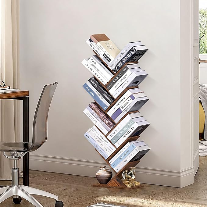 10 Tier Tree Book Shelf, Floor Standing Wood Bookshelf for Narrow Space, Storage Organizer Bookshelves for Books/CDs/Magazine, Bookcase with Shelves for Home Office, Living Room - Brown - LeafyLoom