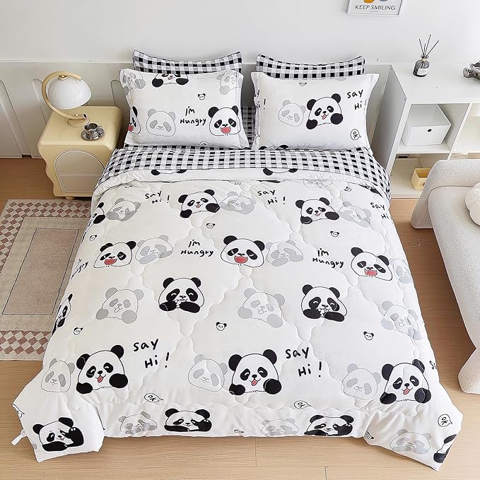 7 Piece Kids Panda Comforter Set Full Size - Black White Cute Panda Bedding Set Bed in A Bag for Girls Boys Teens - Soft Comfortable Machine Washable Bed Set - LeafyLoom