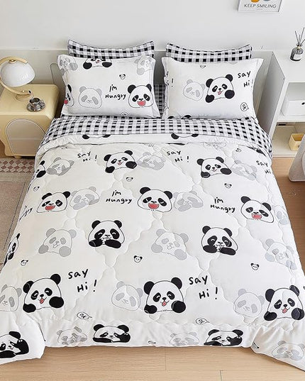 7 Piece Kids Panda Comforter Set Twin Size - Black White Cute Panda Bedding Set Bed in A Bag for Girls Boys Teens - Soft Comfortable Machine Washable Bed Set - LeafyLoom