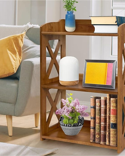Side Table 3 Tier Bookshelf, Natural Wood Bookcase with Storage Shelf, Table Nightstand, Small Bookshelf, Open Bookcase, Display Rack for Office, Bedroom, Living Room and Kitchen (Brown) - LeafyLoom