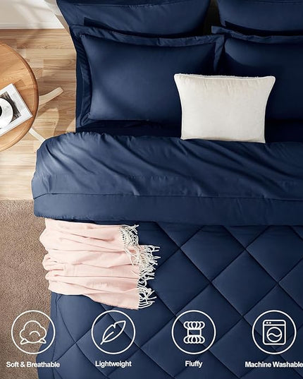 CozyLux King Comforter Set with Sheets 7 Pieces Bed in a Bag Navy Blue All Season Bedding Sets with Comforter, Pillow Shams, Flat Sheet, Fitted Sheet and Pillowcases - LeafyLoom
