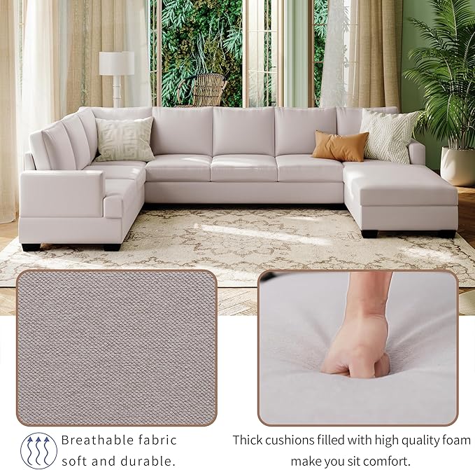 125.6" U Shaped Sofa with Chaise Sectional，Oversized Modular Corner Couch for Living Room Home, Apartment, Furniture Set, 125.6 Inch, Beige - LeafyLoom