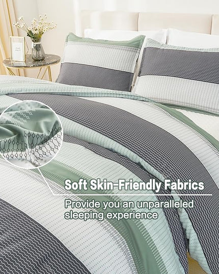 Litanika King Size Comforter Set Sage Green - 3 Pieces Lightweight Bedding Comforter Sets, Light Green White Colorblock Stripe Fluffy Bed Set, All Season Down Alternative - LeafyLoom